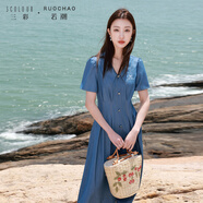 三彩大碼女裝2025夏季新款仿牛仔連衣裙翻領(lǐng)收腰短袖胖MM