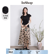 InShop【商場(chǎng)同款】新款立體花朵褶皺t恤女藝術(shù)感印花裙兩件套 黑色 M