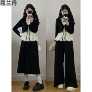 蔻蘭丹（KOULANDAN）休閑時(shí)尚套裝女胖mm春秋新款假兩件蕾絲拼接上衣+半裙褲子兩件套 褲子套裝 L 【100-115斤】