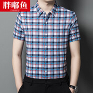 胖嘟魚(yú)男士夏裝短袖襯衫中青年商務(wù)格子冰絲襯衣休閑免燙上衣男裝 BY9817紅色 S 165/84A