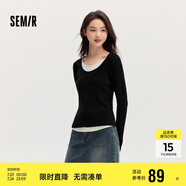 森馬毛衣女拼色假兩件毛衫修身春秋圓領(lǐng)套頭衫顯瘦109524107002