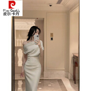 皮爾卡丹（pierre cardin）露肩性感收腰氣質(zhì)褶皺連衣裙子女裝夏季法式小禮服長(zhǎng)裙連身裙衣服 灰杏色 長(zhǎng)款 XS