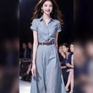 Homesee輕奢國際高檔品牌連衣裙韓系通勤休閑女長款短袖收腰簡約溫柔氣質(zhì) 藍色連衣裙 M (建議90-105斤 高品質(zhì))