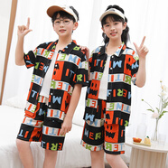 夏季新兒童棉綢睡衣短袖短褲女孩男童綿綢空調服中大童家居服套裝 翻領(lǐng)萬(wàn)圣派對（男女） 160 L/110適應身高（150-cm）尺碼已