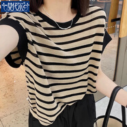 莫代爾200斤可穿圓領(lǐng)T恤女寬松大碼洋氣時(shí)尚夏季新款條紋拼色針織衫上衣 圖片色 XL 建議120-135斤