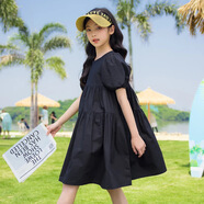 招晴瑜女童連衣裙夏2025新款中大童短袖翻領襯衣裙前短后長個性燕尾裙子 黑色 120 cm-12青少年9少女10