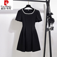 皮爾卡丹（pierre cardin）短袖連衣裙2025新款夏季名媛小香風(fēng)重工領(lǐng)口釘珠燙鉆小個子黑裙子 黑色 【釘珠鑲鉆】 L (建議110~120斤穿)