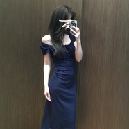 園翌法式氣質(zhì)感方領連衣裙子女夏季2025夏日絕美收腰包臀長裙 【藍色】【2025初夏穿搭/大方得 M