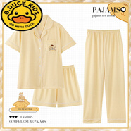 G.DUCKKIDS蠟筆小新夏季三件套睡衣女純棉短袖長(zhǎng)褲薄款ins風(fēng)夏天棉紗家居服 格子布丁狗黃三件套 170 M碼【建議75-100斤】