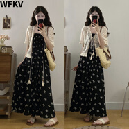 WFKV大碼女裝胖MM夏季度假風(fēng)吊帶裙顯瘦連衣裙開衫短袖兩件套裝裙女 吊帶裙 3XL 【160-180斤】