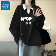 真維斯（Jeanswest）黑色翻領(lǐng)polo衛衣女士春秋冬新款寬松小個(gè)子加絨上衣 薄款黑色貓咪白 M