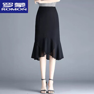 羅蒙（ROMON）黑色短裙半身裙女春夏季新款雪紡包臀裙高腰不規則荷葉邊魚(yú)尾裙子 黑色 L 建議101-111斤