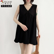 啄木鳥(niǎo)夏季女士棉綢背心2025新款小清新夏裝文藝薄款無(wú)袖裙衫人造棉上衣 黑色 2XL 90-125斤