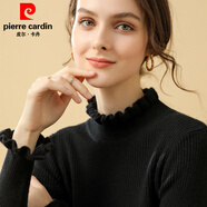 皮爾卡丹（pierre cardin）2025木耳邊半高花邊領(lǐng)毛衣女秋冬大衣內搭修身緊身中領(lǐng)針織打底衫 黑色 XL