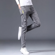 益帛（YIBO）牛仔褲男士夏季薄款韓版黑灰色彈力修身顯瘦百搭休閑小腳長褲子男 灰色破洞 30 【建議110-120斤】