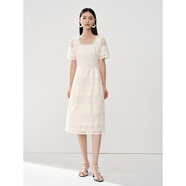 衣香麗影方領(lǐng)蕾絲高端法式小個(gè)子白色連衣裙940535190 米色 S