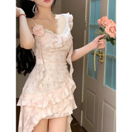 韓菲奴純欲風(fēng)粉色吊帶連衣裙夏季絕美氛圍感超仙女碎花收腰不規則拖尾裙 粉色 S 165