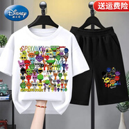 迪士尼（Disney）童裝節(jié)奏盒子上衣服男童新款夏季兒童短袖套裝夏季卡通T恤半袖 E114白色+黑短褲 130 碼（身高110-120cm）