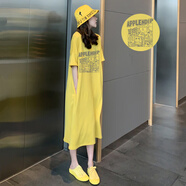 FHHUABD純棉韓版夏裝長裙子慵懶風(fēng)大碼寬松遮肚新款中長款短袖t恤 APP-黃色 M