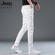 JEEP SPIRIT高端白色牛仔褲男修身小腳彈力夏季薄款潮流純白褲子錐形休閑長(cháng)褲 白色 30