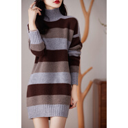 小紅書(shū)爆款秋冬新款高領(lǐng)澳洲100%純羊毛衫女中長(cháng)款套頭橫條紋毛衣 淺灰領(lǐng) S 均碼