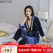 MOXTOC睡衣女冬金絲絨女士加厚三件套家居服吊帶長袖長褲套裝 藍色 L （105-120斤）