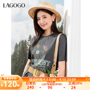 lagogo灰色寬松休閑花卉印花T恤女拉谷谷2025年夏季新款通勤短袖 深灰色 M