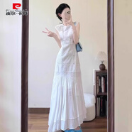 皮爾卡丹法式設計感鏤空刺繡白色無(wú)袖連衣裙女夏季大碼不規則背心長(cháng)裙 白色 M 【建議80-100斤】