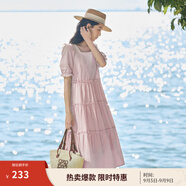 茵曼（INMAN）七七同款連衣裙2025夏女裝新款田園純棉提花方領A字泡泡袖蛋糕裙 皮粉色 L