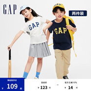 Gap男女童夏季LOGO純棉短袖T恤套裝兒童裝404362兩件裝 藍白組合 130cm(S)亞洲尺碼