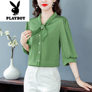 花花公子（PLAYBOY）雪紡襯衫女2025新款夏季中年媽媽洋氣寬松高端品牌中袖七分袖上衣 牛油果綠 M
