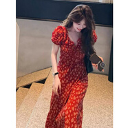 伊琦蕾茶歇法式紅色荷葉邊V領(lǐng)碎花雪紡連衣裙女夏季超好看紅裙子洋氣 圖片色 S 90--100斤