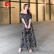 皮爾卡丹短袖一字領(lǐng)碎花雪紡連體褲寬松顯瘦高腰連衣闊腿九分褲套裝女夏季 黑色 M 適合91-99斤