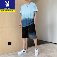花花公子冰絲休閑套裝男士夏季薄款寬松運動速干短袖t恤短褲兩件套K TZ86028淺藍 【官方正品】 2XL 【建議145-165斤】