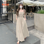 乖甜星辣妹褶皺抹胸連衣裙女裝時(shí)尚氣質(zhì)a字裙收腰顯瘦中長(cháng)裙子 【駝色】 M