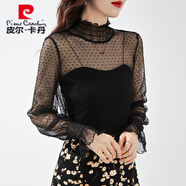 皮爾卡丹波點(diǎn)網(wǎng)紗打底衫女秋冬長(cháng)袖洋氣半高領(lǐng)黑色紗衣內搭歐洲站蕾絲上衣 雅典黑 XS