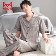 貓人（MiiOW）高檔睡衣男夏季純棉短袖長(cháng)褲男士夏天薄款中年大碼男款家居服套裝 F6743月魄灰 XL 【建議體重135-155斤】
