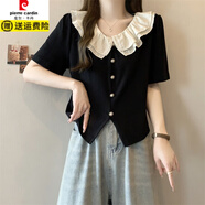 皮爾卡丹（pierre cardin）短款小香風(fēng)上衣女夏裝大碼胖mm顯瘦短袖娃娃領(lǐng)襯衫法式漂亮小衫 黑色 XL 【建議120-140斤】