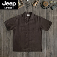 JEEP SPIRIT新款夏季美式復古亞麻短袖襯衫男時尚百搭古巴領休閑純色襯衣男潮 棕色男士襯衫/短.袖襯衫/男士/襯 XL 建議130-150斤
