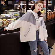 紫昕月外套女韓版寬松學(xué)生秋季短款女裝2019新款潮原宿風(fēng)連帽防曬衣薄 灰色 M