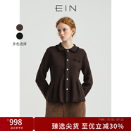 EIN言撞色手作感鉤花縮絨綿羊毛碎褶擺翻領(lǐng)針織外套女裝春秋新款 深咖 M