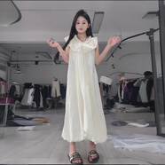 SZEL法式設(shè)計感重工鑲鉆荷葉邊無袖甜美連衣裙女夏季2025新款花苞長裙 杏色連衣裙 S 建議80-95斤