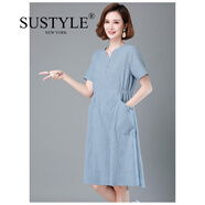 SUSTYLE奢侈高端品牌女裝高檔純棉連衣裙夏季寬松氣質(zhì)顯瘦大碼媽媽休閑裙 藍(lán)色 L 95-115斤左右
