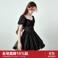 樂町網(wǎng)紗拼接連衣裙溫柔法式小禮服裙黑色約會(huì)蓬蓬裙 黑色（現(xiàn)貨） S