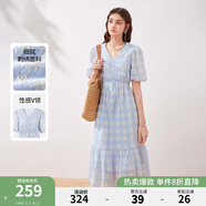 秋水伊人浪漫荷葉邊少女感連衣裙夏季新款氣質(zhì)V領(lǐng)顯瘦中長裙 藍色 S