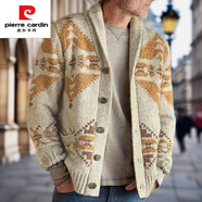 皮爾卡丹（pierre cardin）春秋新款歐美風(fēng)提花復古毛衣開(kāi)衫長(cháng)袖針織外套男裝上衣 卡其 M