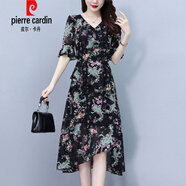 皮爾卡丹（pierre cardin）法式V領(lǐng)短袖碎花連衣裙女夏季新款時尚收腰不規(guī)則下擺雪紡中長裙 花色 M