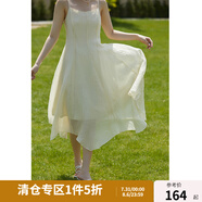 獨束大碼女裝飄逸大擺仙女吊帶連衣裙夏裝新款不規(guī)則荷葉邊裙22DS2582 米色 XL