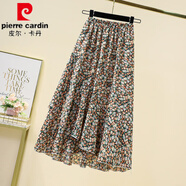 皮爾卡丹碎花半身裙女2025春夏新款小個(gè)子高腰顯瘦中長(cháng)款印花雪紡裙a字裙 桔色  M 【建議85-100斤】