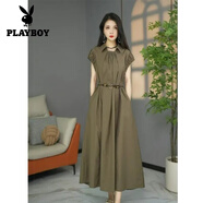 花花公子（PLAYBOY）歐版氣質(zhì)時(shí)尚純色中長(cháng)款百搭真絲連衣裙2025夏季新款寬松顯瘦裙子 山茶色連衣裙 XL 建議(125斤-135斤)